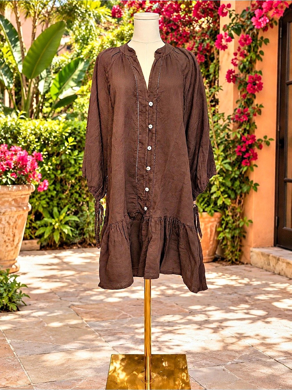 Made in Italy Dark Brown Linen Mini Dress OS